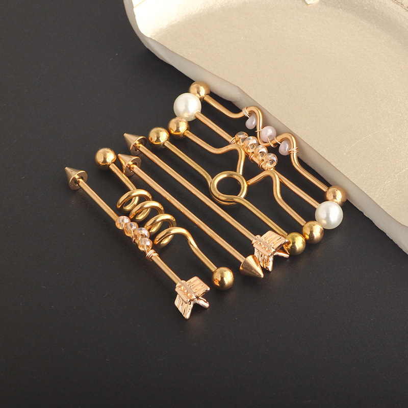 Nine Treasure Gold Industrial Barbell Earrings Set - Stainless Steel Double Ear Holes Bridge Ear Stud for Cartilage Piercing detail image 9
