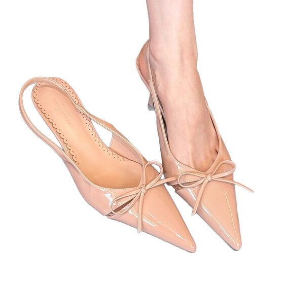 Beautiful Nude Pointed Bow Shallow Mouth High Heels Women's 2025 Spring New Fairy Style Gentle Hallback Sandals