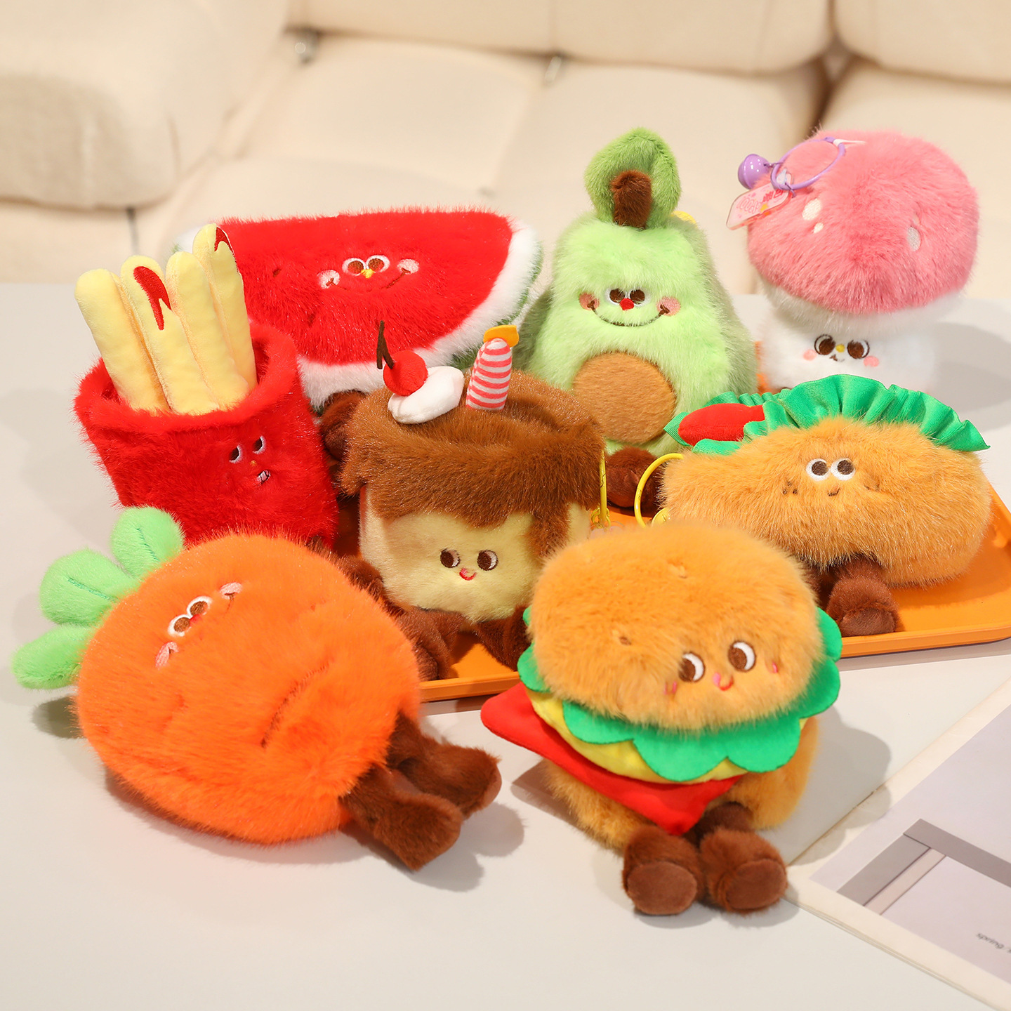Hermosas hamburguesas fritas colgantes juguetes de peluche piernas de pollo muñecas sushi croissants bolsos colgantes llaveros
