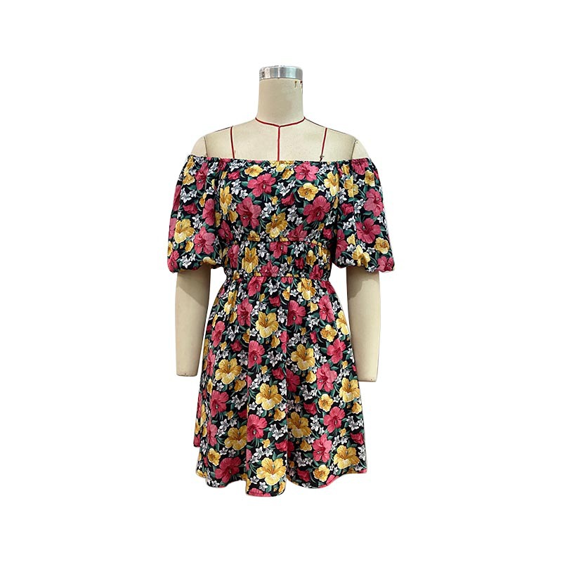 Flowers Printed Original One-line Off-shoulder Ruffle Dress_voghion.com
