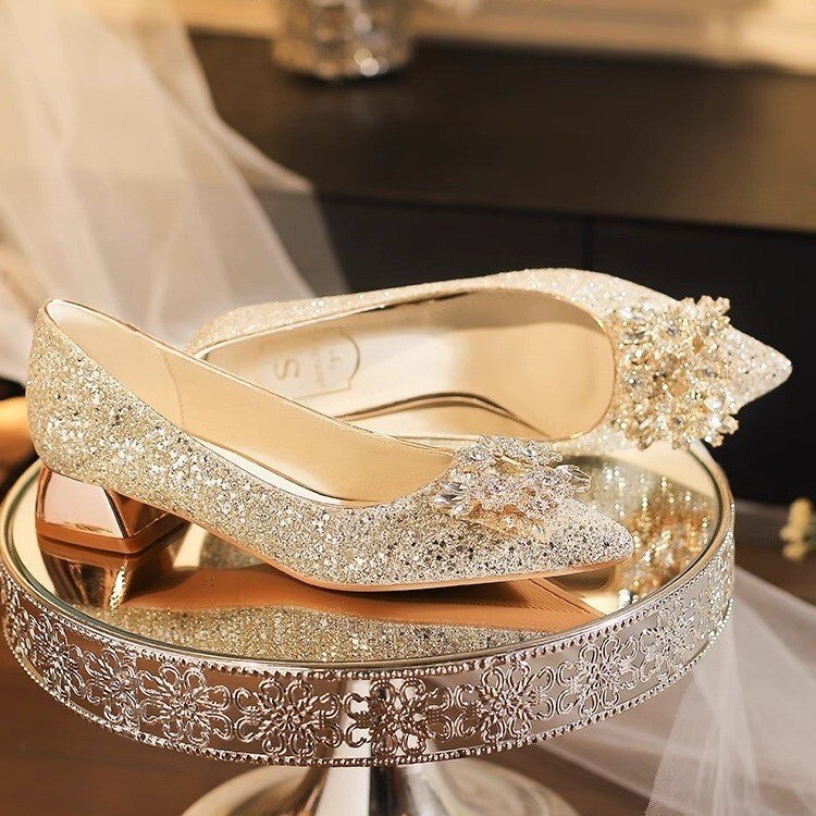 2025 New silver Champagne High Heels Wedding Shoes Women's French Sequin Crystal Bridesmaid Coarse Heel Elegant French Style 2025 New silver Champagne High Heels Wedding Shoes Women's French Sequin Crystal Bridesmaid Coarse Heel Elegant French Style