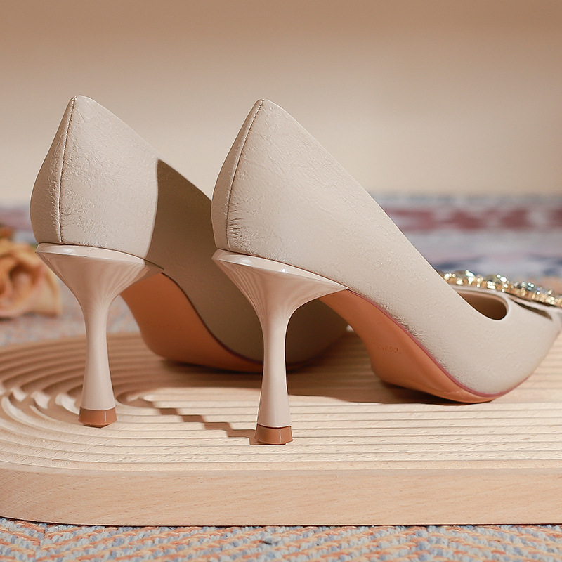 Crystal Square Button Low Heel Shoes Korean Version New Versatile High Heel Shoes Thin Heel Soft Leather French Wedding Shoes for Women_voghion.com