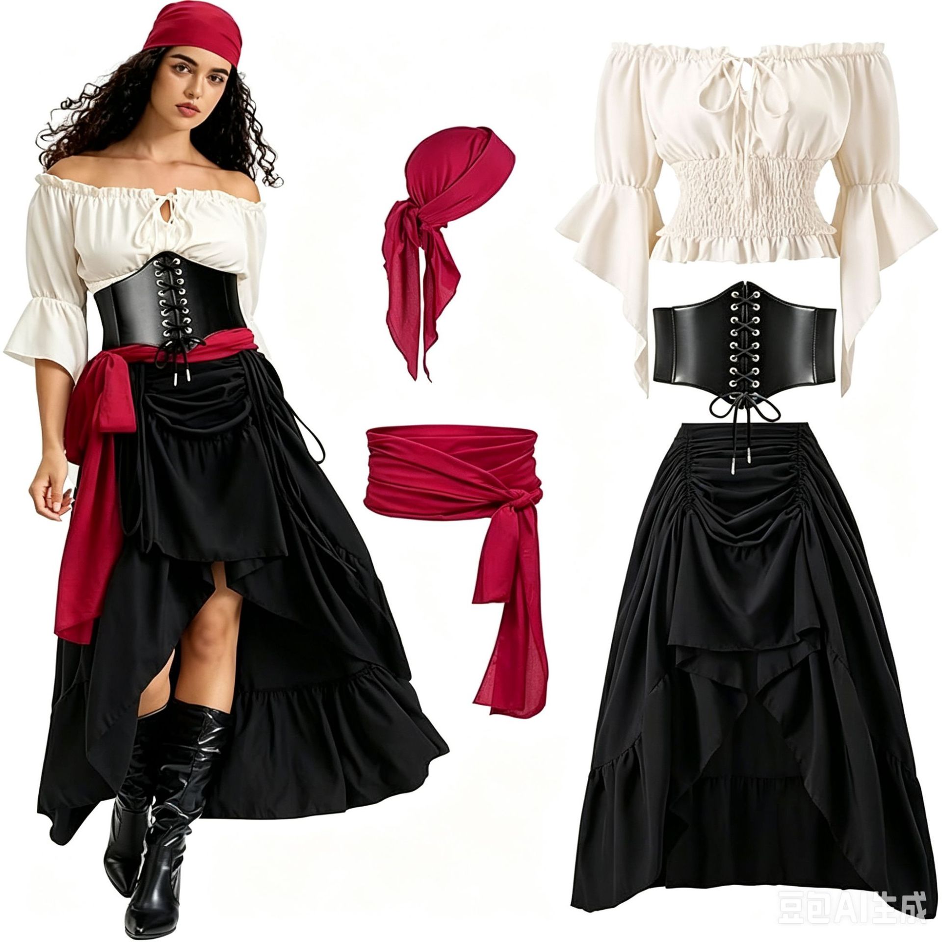 Foreign Trade Style Halloween Artistic Short-Front-Long-Back Ruffled Long Dress. Medieval Costume Pirate-Style Waist-Cinching Dress