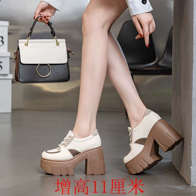 Весенние и осенние новые 11 см маленькие кожаные туфли толстые кексы на высоком каблуке толстые подошвы увеличены