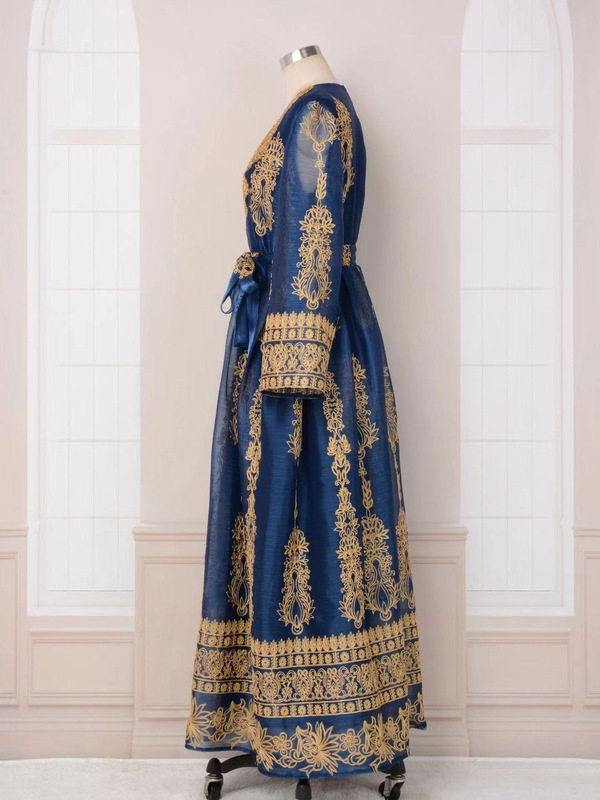 Dress, Hui Ethnic Robe, Nepalese, Indian Embroidered Dress, Round Neck, Blue Long Dress