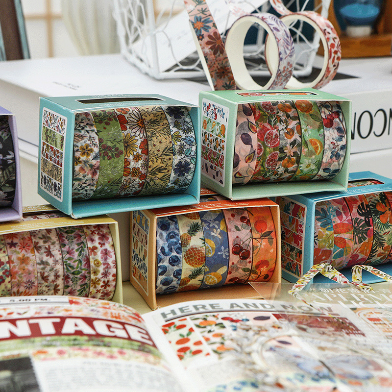 5 envueltos en la serie de flores de verano y cinta adhesiva de papel conjunto de base retro cinta adhesiva mano tela