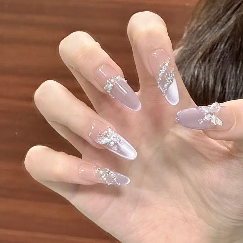 Hand-Wearing Armor Summer Light Purple Glass Beads Cat's Eye Three-Dimensional Bow Armor Gentle Advanced Feeling White Manicure