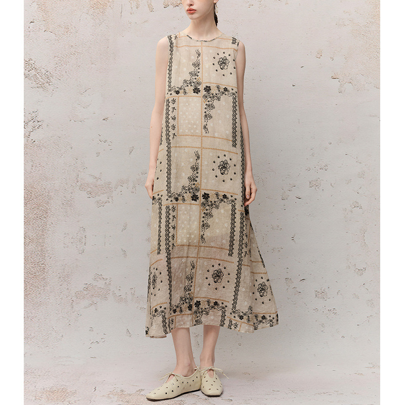 【Tea* Order】2026 Summer New Style Ancient-Inspired Peony Floral Dress Women's Round Neck Sleeveless A-Line Tank Dress