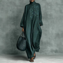 2026欧美女装亚马逊独立站 数码印花 复古茶服棉麻盘扣旗袍连衣裙