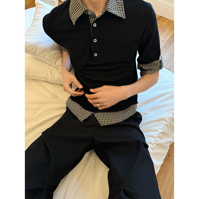 High-End Miu Short-Sleeved Shirt Men's Summer Trendy Brand Loose Fake Two-Piece Polo Shirt Couple Casual T-Shirt Top