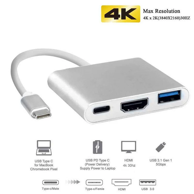 USB3.1 три-в-одном HD-конвертер с алюминиевым корпусом, преобразователь типа C в HDMI, адаптер 4K в HDMI