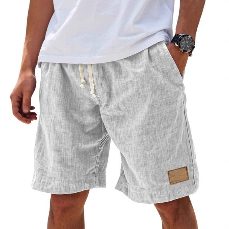 130091 Thin Material Pocket Leather Label Cross-Border Amazon New Imitation Linen Five-Point Pants Casual Pants Men's Drawstring Shorts