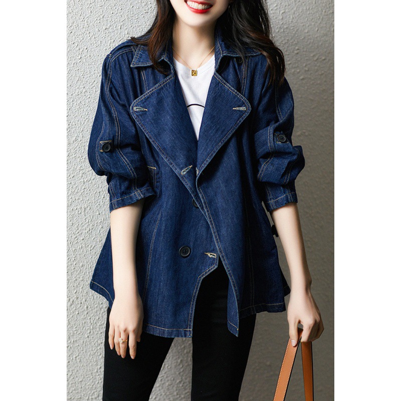 の笑涵阁两穿袖斗篷型2025时尚宽松显瘦系带休闲牛仔外套秋装女长