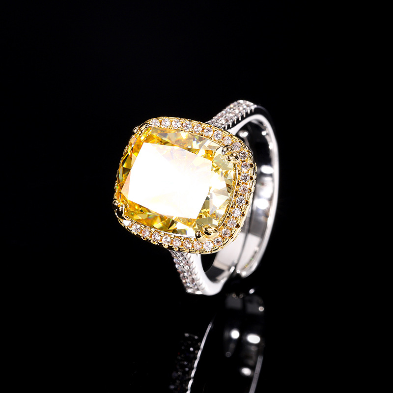 Zhuang Sheng joyas de cobre inferior chapado en oro de alto carbono diamante Flor de hielo diamante cuadrado cobre con incrustaciones temperamento luz lujo grasa anillo cuadrado hembra 10*12