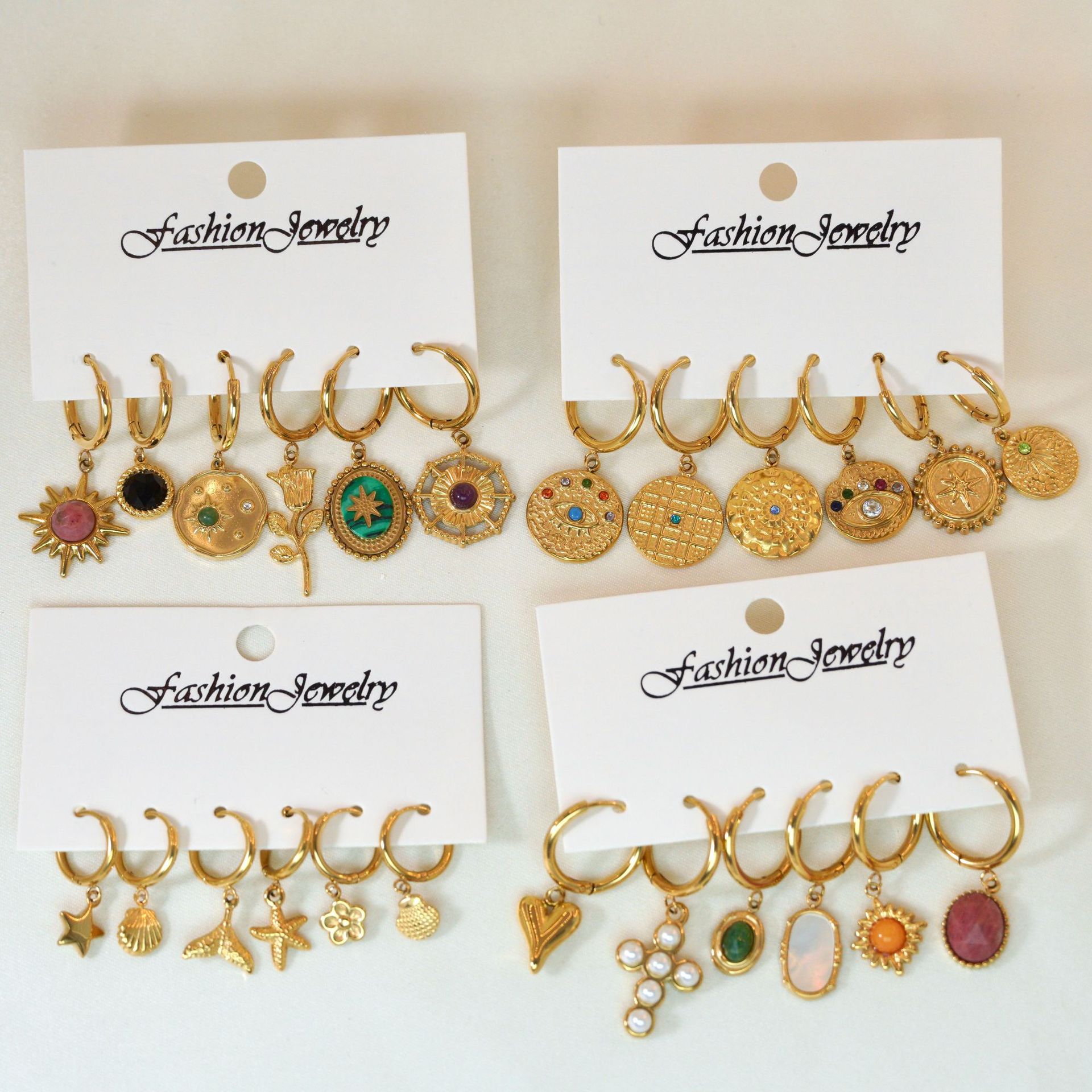 8g Weight PVD Coated Gold Plating Process 304 Stainless Steel Ear Needle Material Charm Sleeper Hoop Earrings, Drop Earrings Classification 1 Piece Quantity Daily, Date Occasion natural stone, Titanium Steel Material Printing, Round, Sun Pattern All Seasons Season Women's Gender Polished Finish Elegant Style 1 Piece Elegant Printing Round Sun Natural Stone Titanium Steel PVD Coated Charm Sleeper Hoop Earrings Drop Earrings 2