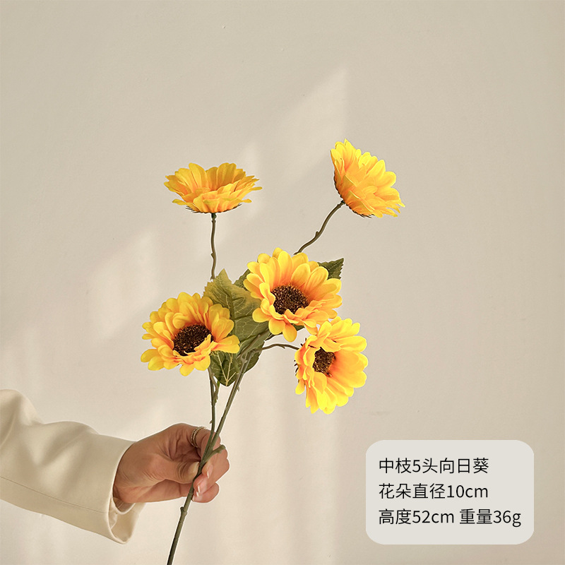 Cinco girasoles en la rama media