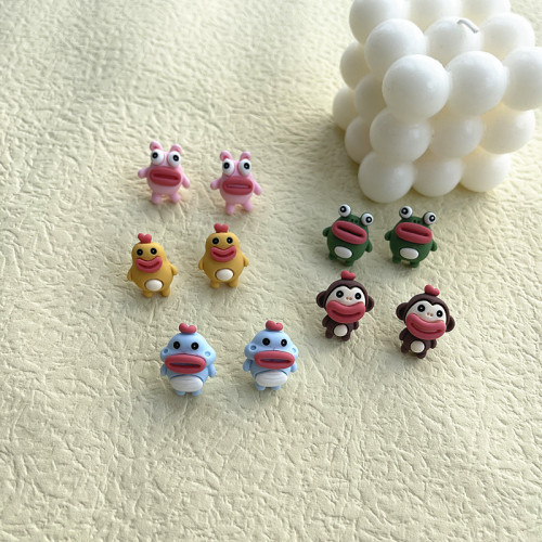 S925 Silver Cute Cartoon Ugly Cute Sausage Mouth Small Animal Fun Matchable Cute Little Chicken Big Mouth Monkey Earrings