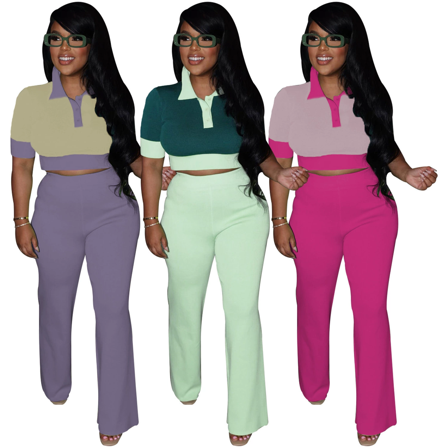 3148 европейская и американская женская женская летняя новая сшитая колейка POLO воротник с короткими рукавами топ с широкими ногами брюки модный набор