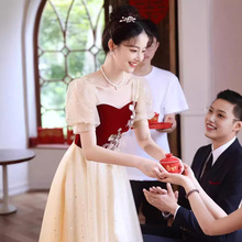 敬酒服新娘酒红色法式订婚连衣裙结婚晚礼服网纱2025新款秋冬女