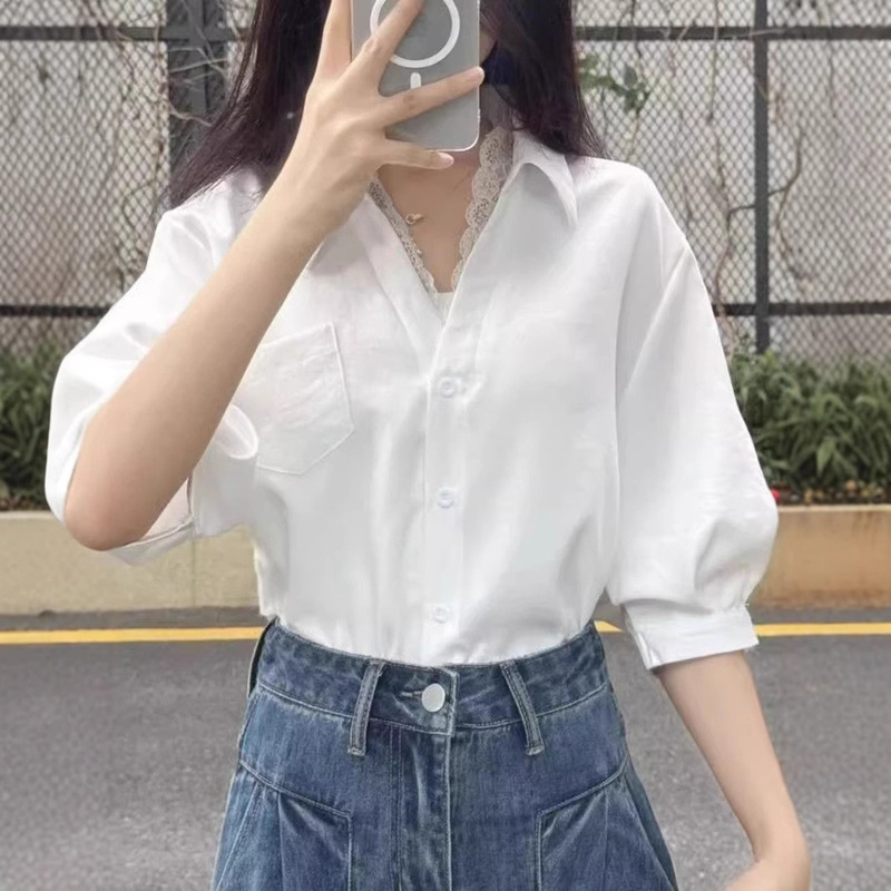 French Lace Splicing V Neck Puff Quarter-Sleeved Shirt for Women Summer New Design White Professional Shirt