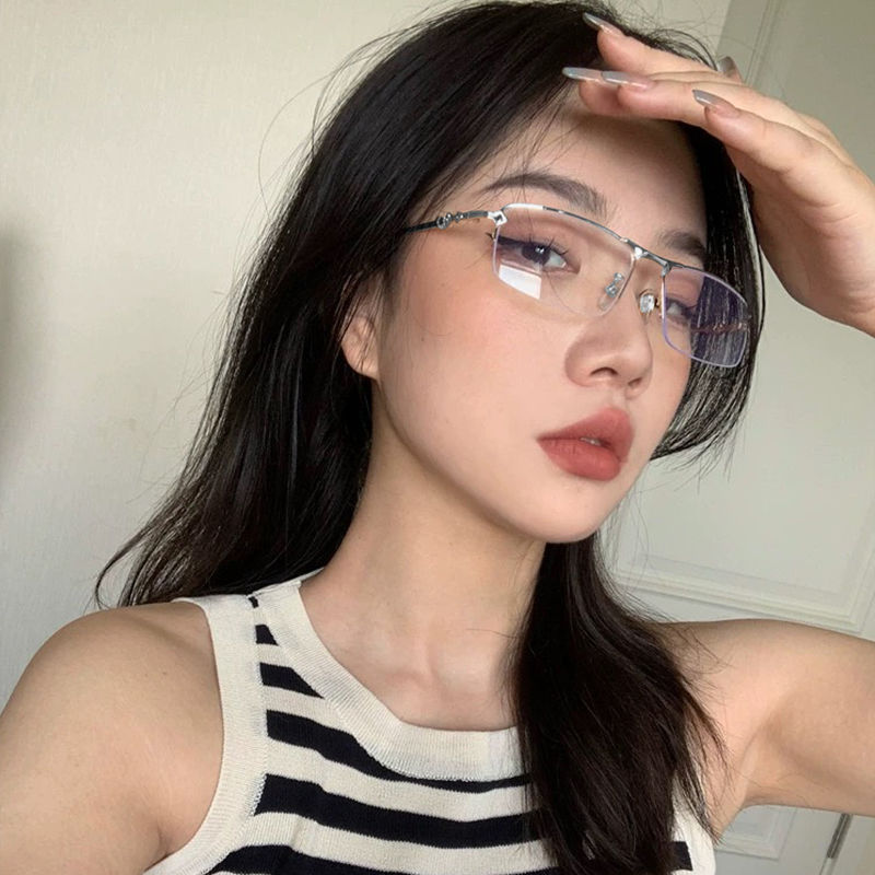 Moda coreana de medio marco gafas de miopía para mujeres literatura y arte de alto clima frío con gafas de grado anti-luz azul gafas de luz plana para hombres image 3