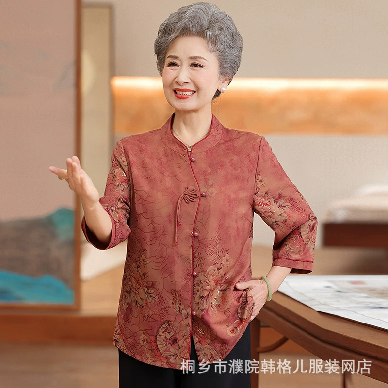 Пожилые люди летняя женская рубашка бабушка новый китайский стиль топ старухи пожилая одежда пожилая мама рубашка