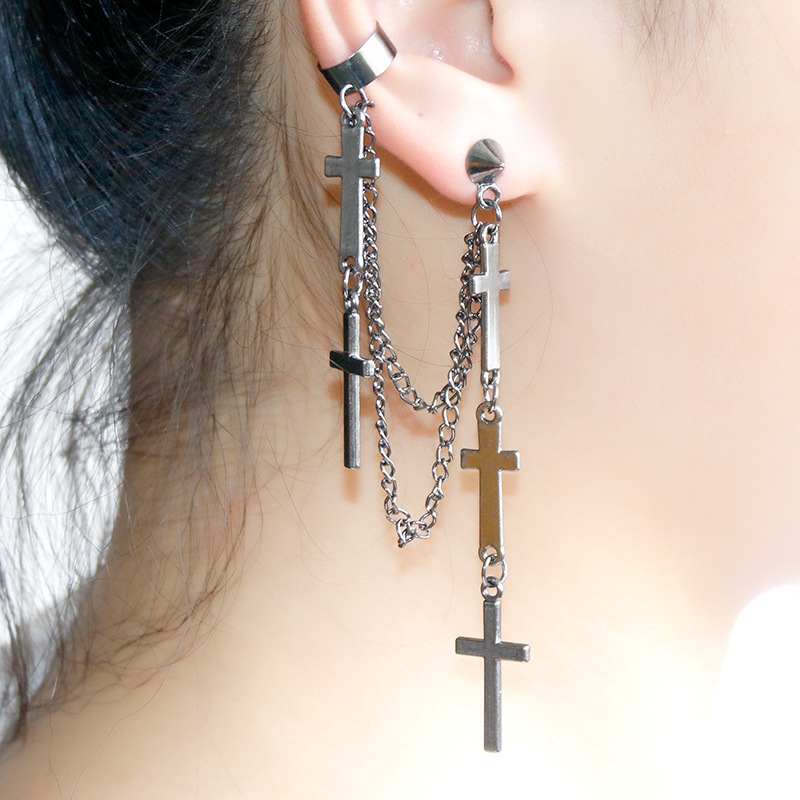 Tassel Earrings European and American Style Personality Punk Earrings Cross Ear Cuffs Ear Clips Ear Studs Simple Manufacturer Wholesale