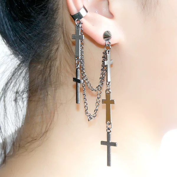 Tassel Earrings European and American Style Personality Punk Earrings Cross Ear Cuffs Ear Clips Ear Studs Simple Manufacturer Wholesale