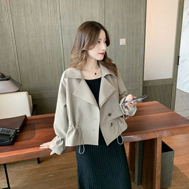Trench Jacket Korean Style, Drawstring Waist, Solid Autumn Coat for Teens