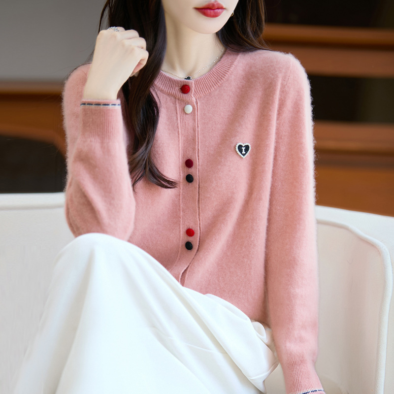 减龄彩扣纯羊毛针织开衫女春秋新款宽松休闲圆领毛衣时尚上衣外套|undefined