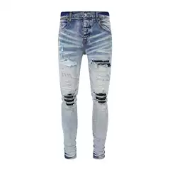 European and American High Street Trendy Brand New AMR Light Ripped Jeans Men's Black Patch Stretch Slim Fit Skinny Pants