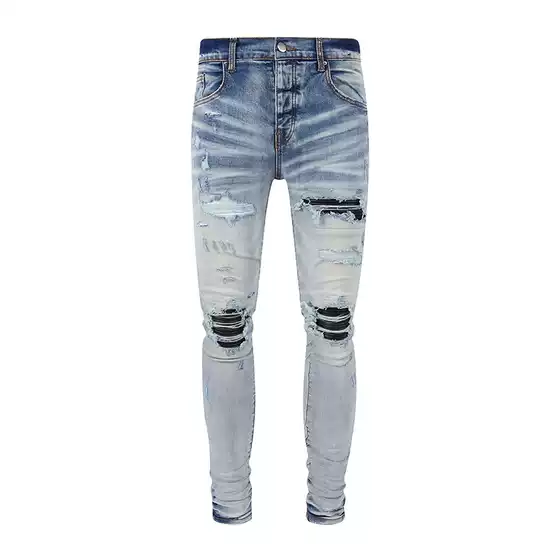 European and American High Street Trendy Brand New AMR Light Ripped Jeans Men's Black Patch Stretch Slim Fit Skinny Pants