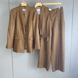 南油篙品26春夏新款BC镶珠装饰斜棱纹亚麻西装马甲直筒阔腿裤半裙