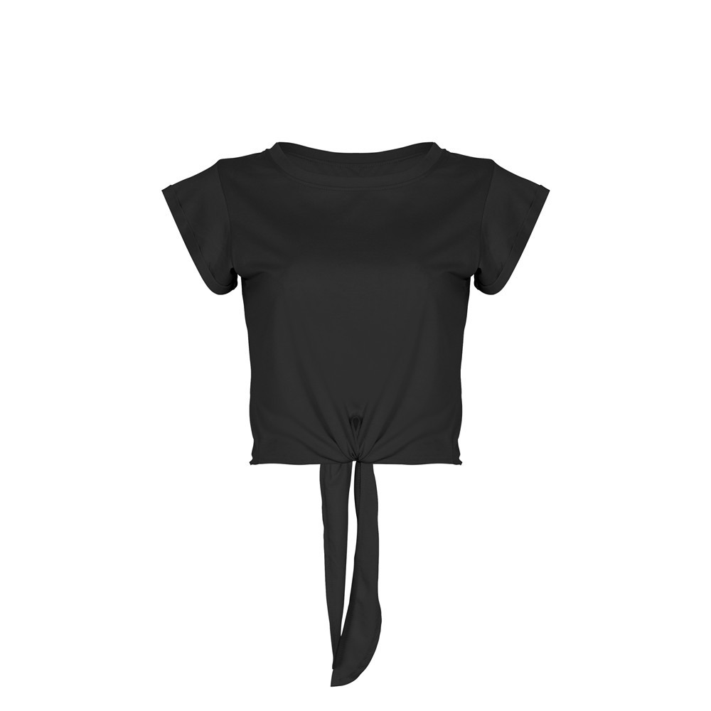 2023 Wiosna/lato Krótki krój Otwarty pępek Okrągły dekolt Zasznurowany T-shirt z krótkim rękawem Jednolity kolor Top_voghion.com