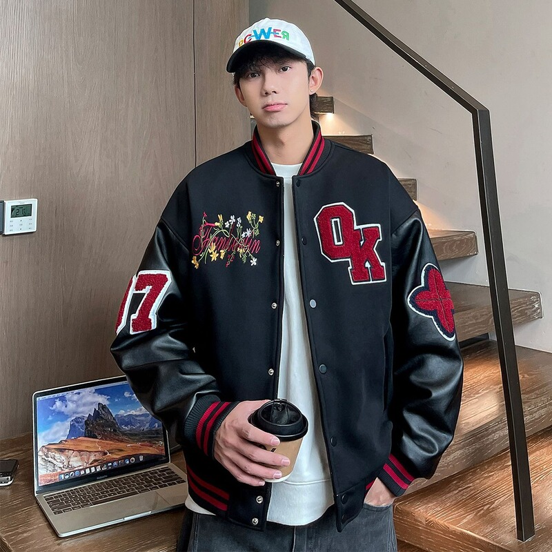 Trendy Versatile Loose Printed American Badge Patchwork Leather Color-Block Baseball Jacket Couple's Bomber Jacket