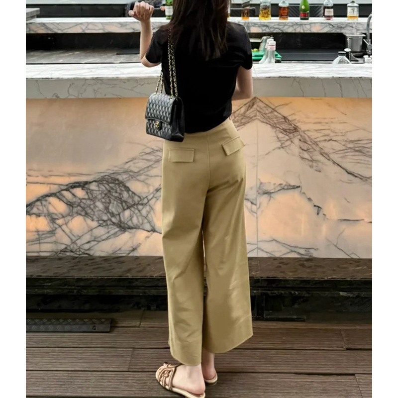 Quần tây nữ ống rộng cạp cao dáng suông kaki chín tấc mùa hè — Màu kaki chi tiết 2