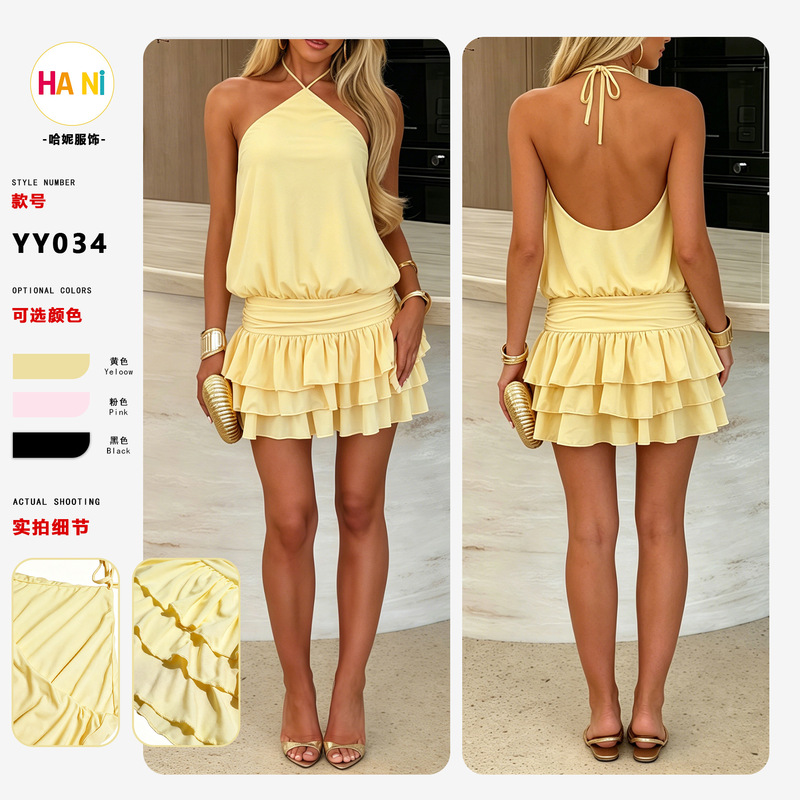 Yy034 Independent Brand European and American Women's Summer Vacation Solid Color Halter Tie Backless Multi-Layer Ruffle Short Dress