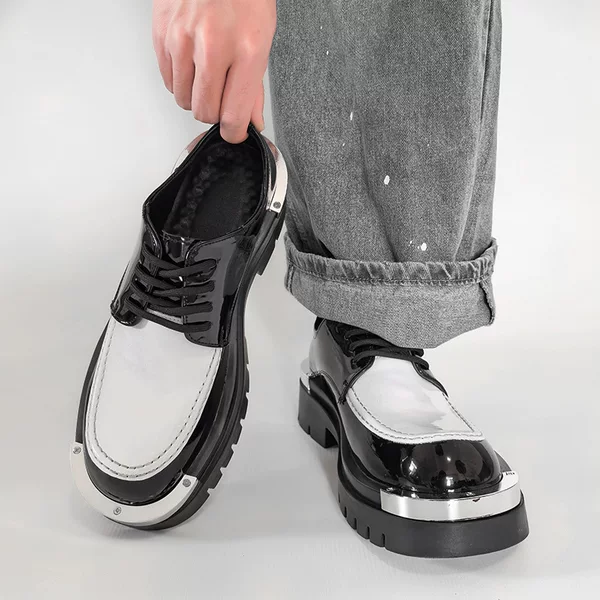 Men's Foreign Trade Metal-Toe Derby Shoes, Glossy Patent Leather, Thick-Soled Height-Increasing Platform Shoes, Niche Punk Hairstylist Leather Shoes
