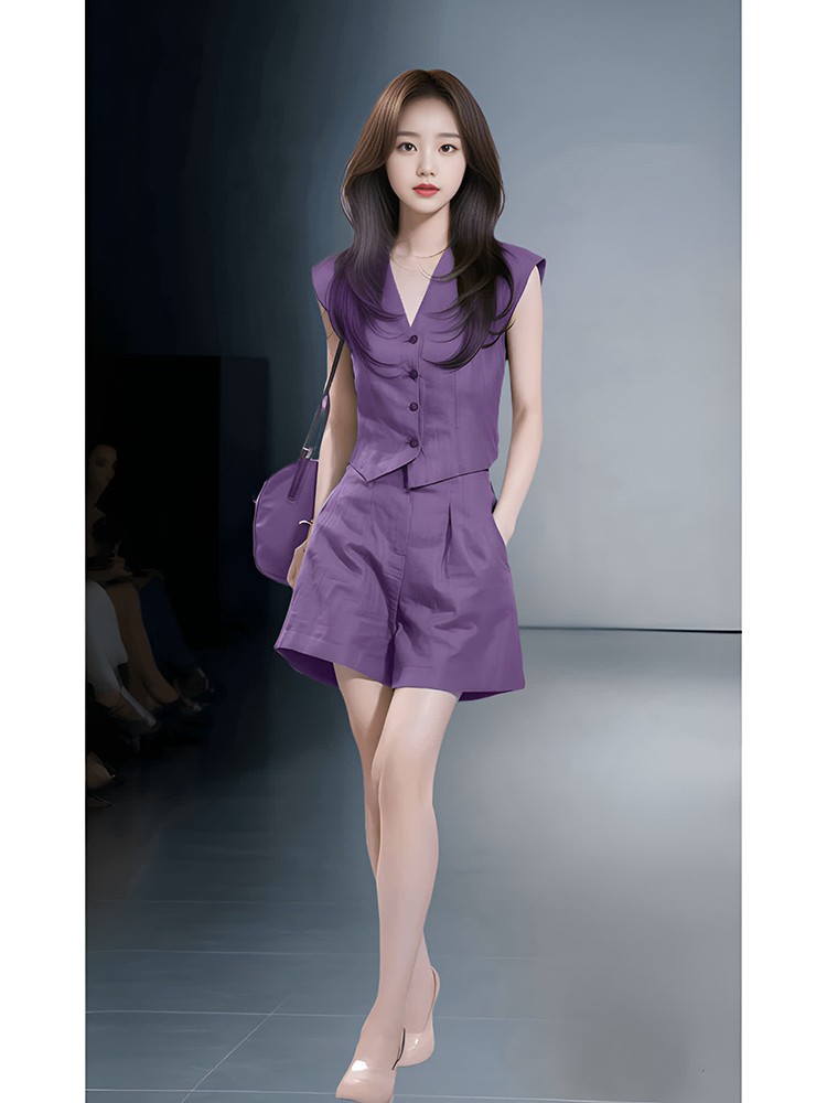 Bộ đầm suông nữ cổ V tay dài phong cách Hàn Quốc mùa xuân hè — Bộ dài màu tím