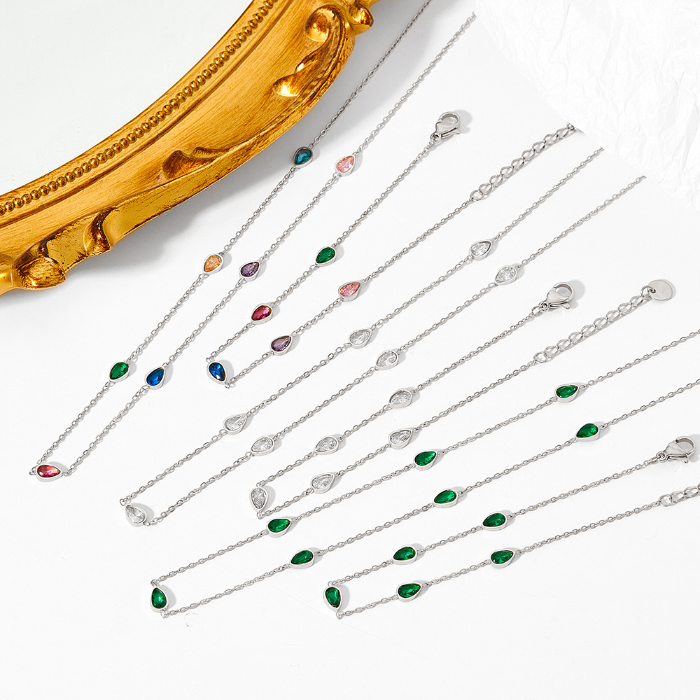 PVD Coated Gold Plating Process 16K Real Gold Plated, Platinum Plated Plating Material Zircon Inlay Material Sweet Water Droplets Heart Shape Stainless Steel Titanium Steel Gold Plated Zircon Bracelets Anklet Necklace 1 Piece