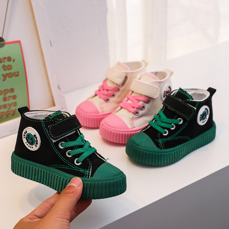 One-piece women's children's shoes for spring and autumn, new children's canvas shoes for boys, stylish medium and small children's high-top baby shoes, trendy