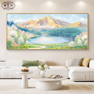 日照金山客厅装饰画聚宝盆山水风景手绘油画沙发背景墙挂画奶油风-阿里巴巴