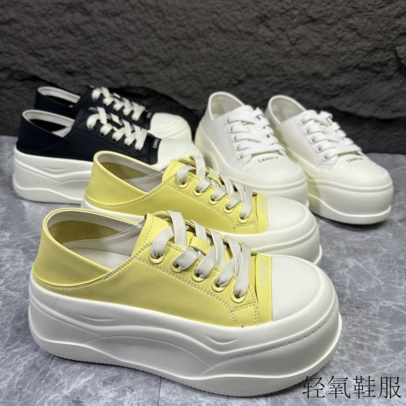 黄色春夏季女鞋松糕底板鞋2025中跟厚底运动休闲鞋子浅口系带单鞋|undefined