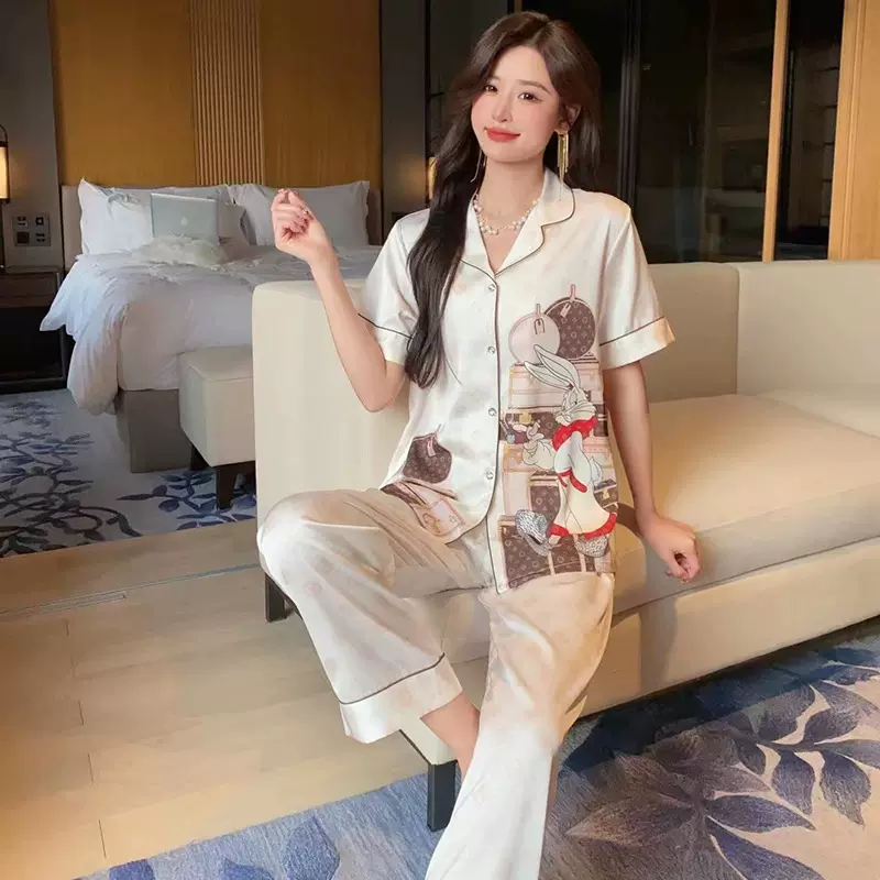 2025年新款睡衣女夏季冰丝短袖卡通印花套装春秋外穿高级感家居服