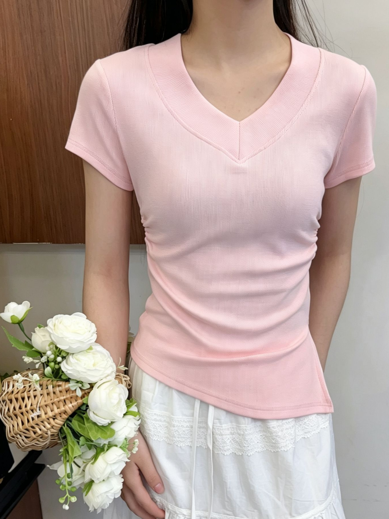 An Tinglu 2026 New Style Simple V-Neck Waist-Cinching Slit Design Slim Fit Versatile Irregular Summer Short-Sleeve Women's Top