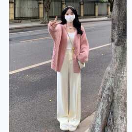 跨境粗针加厚毛衣宽松外套纯色韩版学院风气质开衫秋冬针织衫显瘦