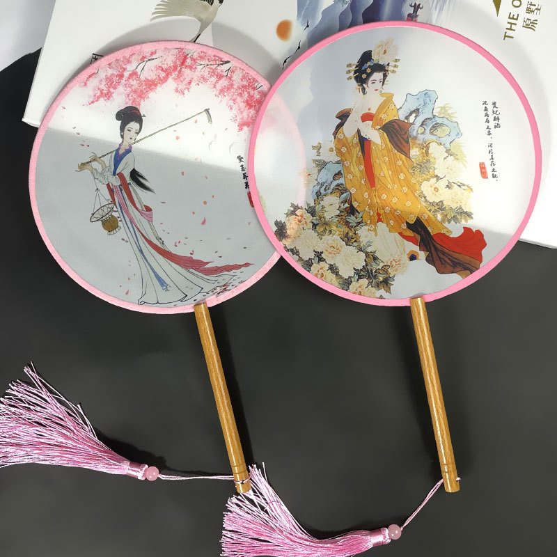 榉木柄半透明团扇批发中国古风扇子女旗袍扇子美女风景团扇