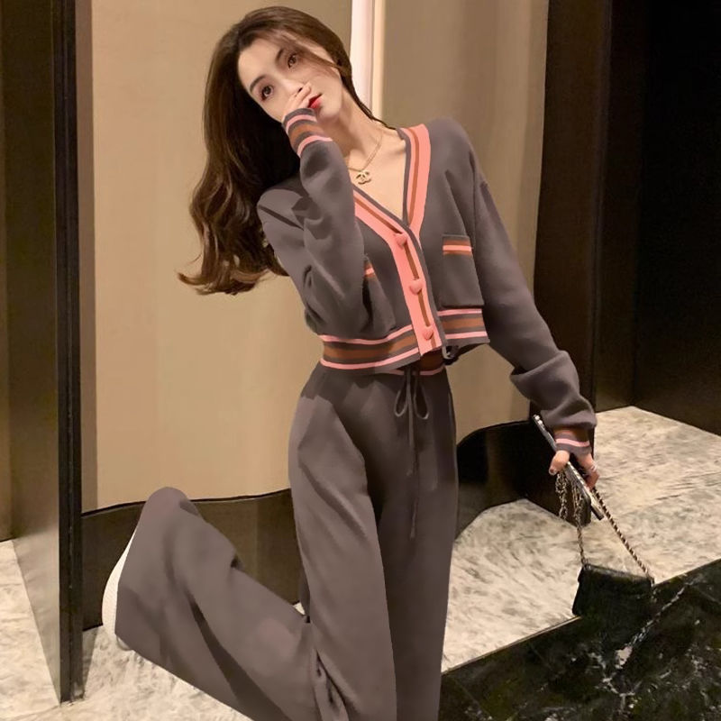 小香风套装女2025秋季新款高级感小众设计拼接开衫阔腿裤两件套|undefined