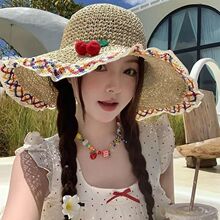 民族风樱桃帽草帽女夏季海边沙滩度假风遮阳帽显脸小草编渔夫帽