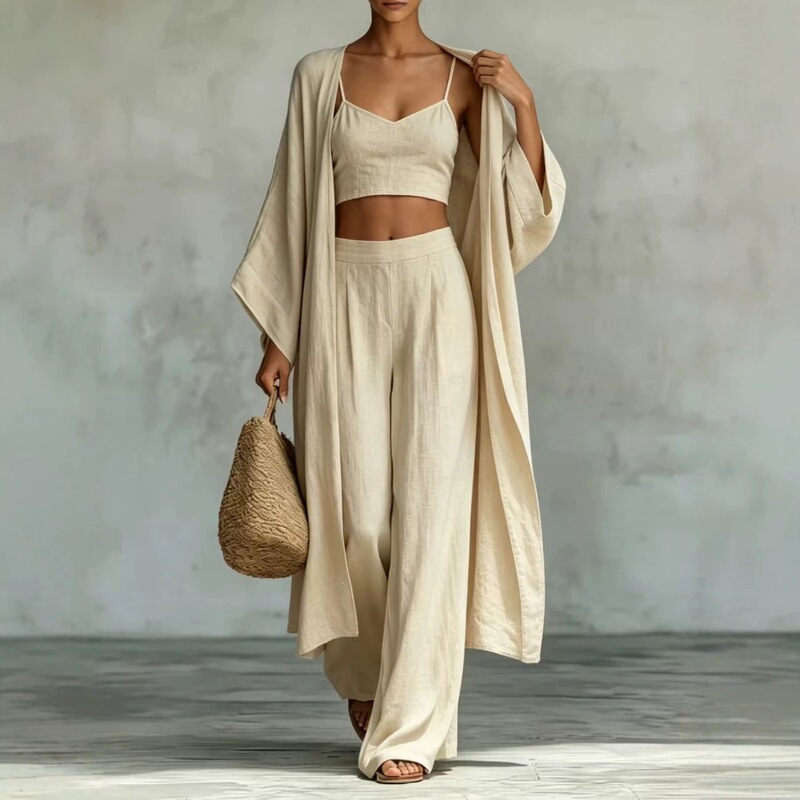 European and American Foreign Trade Cotton and Linen Three-Piece Set, Loose Cardigan, Short Suspender Top, High-Waisted Wide-Leg Pants Set, Women's Summer Casual Wear European and American Foreign Trade Cotton and Linen Three-Piece Set, Loose Cardigan, Short Suspender Top, High-Waisted Wide-Leg Pants Set, Women's Summer Casual Wear